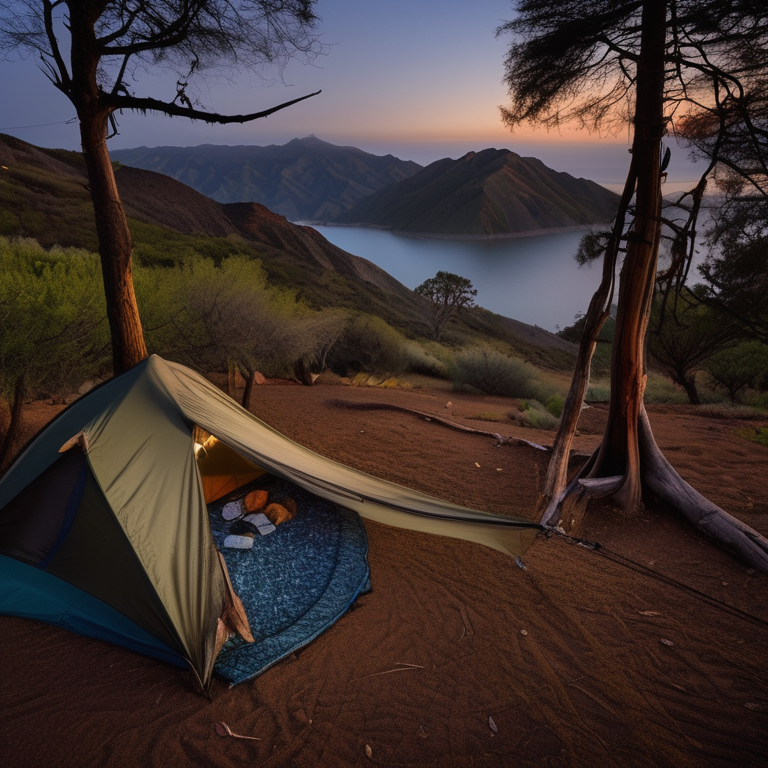 A cozy tent rests on a rainy campsite beneath the dark California sky. A hammock hangs between the trees, while a wooden guitar sits near the leafy ground. Mountains rise in the distance, adding a peaceful wild touch.