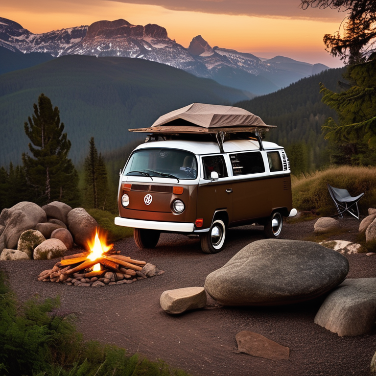 A brown camper van rests on a rocky mountain campsite at dusk. A warm campfire glows among the logs, while a small lantern lights the ground nearby. Boulders and open views give the scene a wild, peaceful feel.