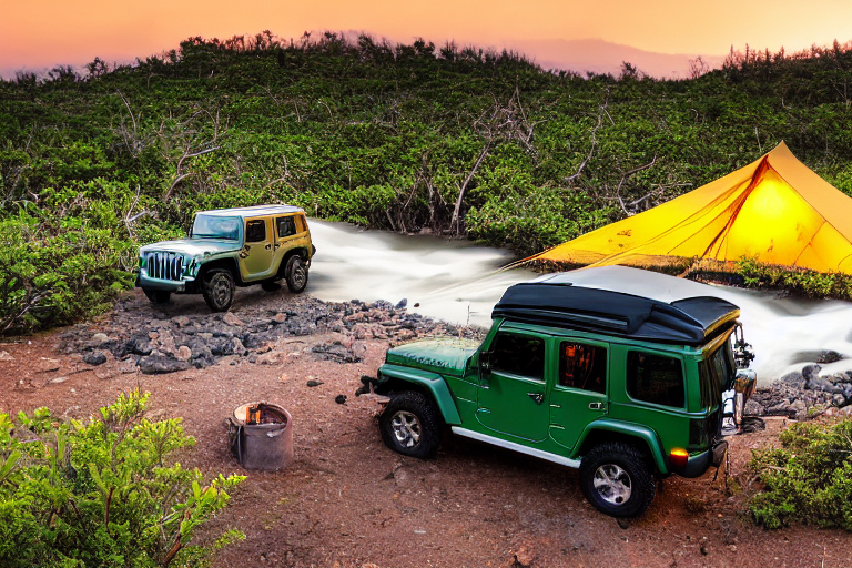 A green Jeep with a rooftop tent rests beside a crackling campfire in a peaceful Hawaiian forest. A clear stream winds through the dirt campsite, while berry bushes and tall trees glow in the warm sunset light. A pale moon rises in the clear sky.