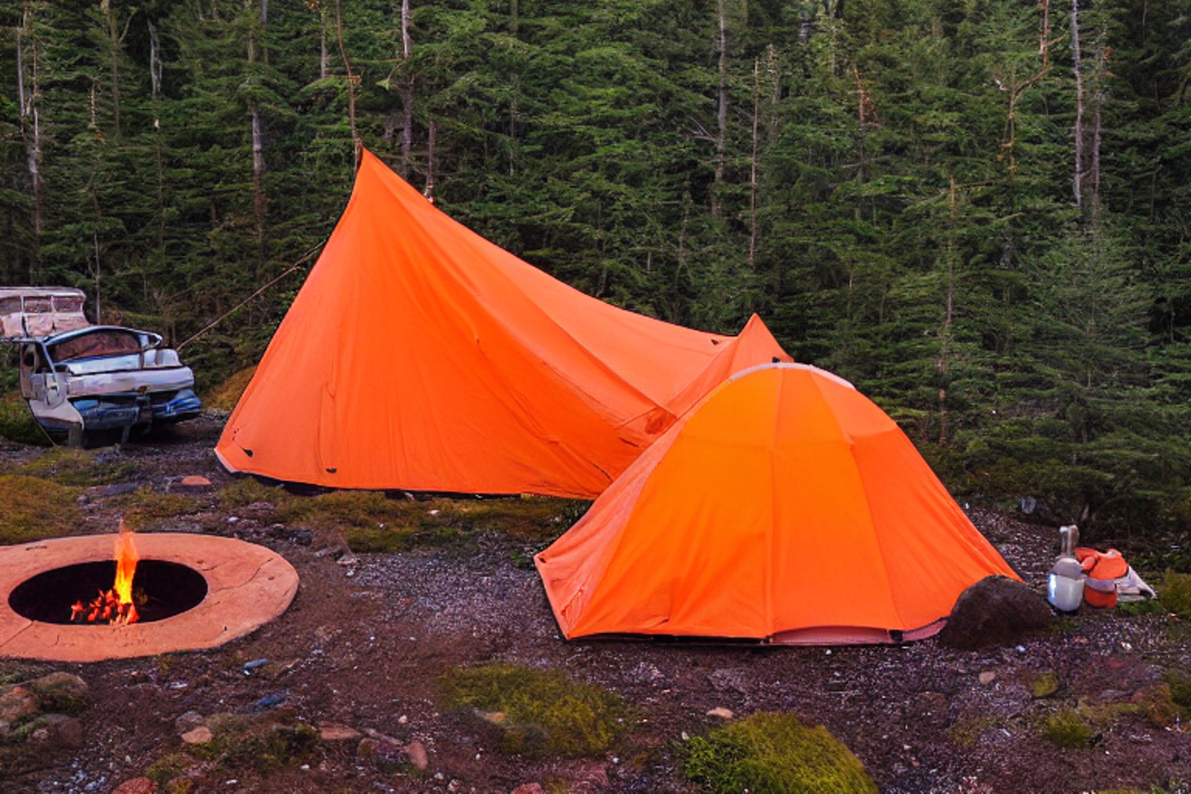Two bright orange tents sit beside a warm campfire on a rainy Maine coast. A clothesline, berry bushes, and small streams add charm to the cozy campsite, while a distant flashlight glows in the dusk.
