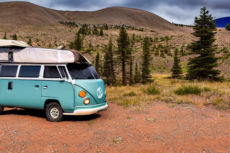 A cozy VW campervan rests beside a warm campfire on a rough dirt patch among the Great Sand Dunes. A winding hiking path, camping gear, and misty sunset skies create a peaceful outdoor scene.