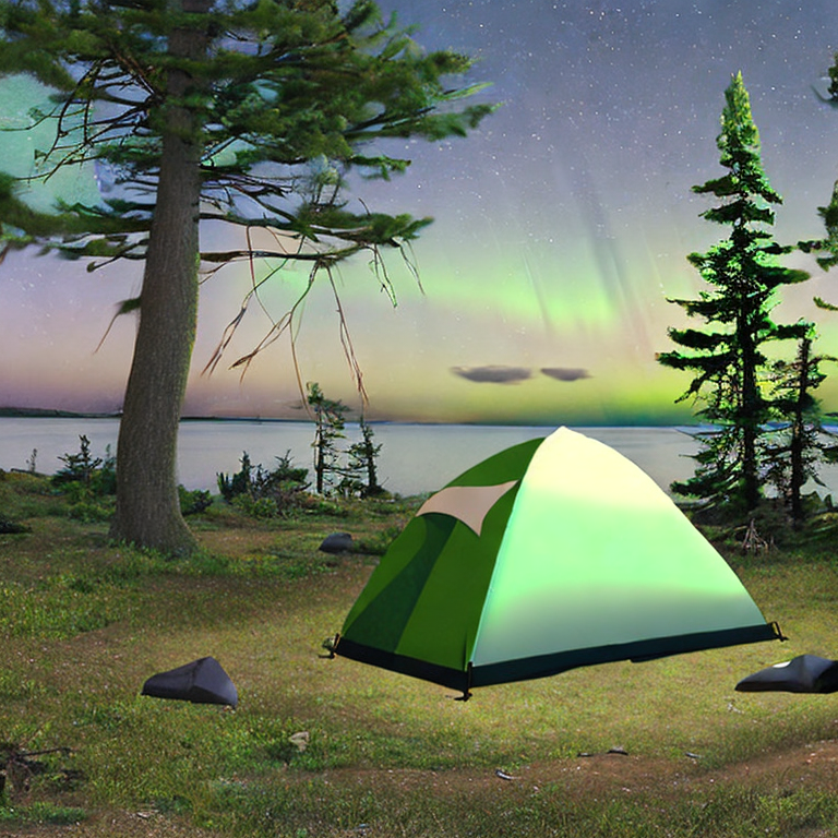 A green tent rests beside a warm campfire near a quiet lake. Ferns and boulders dot the rocky ground, while bright northern lights ripple across the night sky. Nearby surfers add a playful touch to the peaceful campsite.