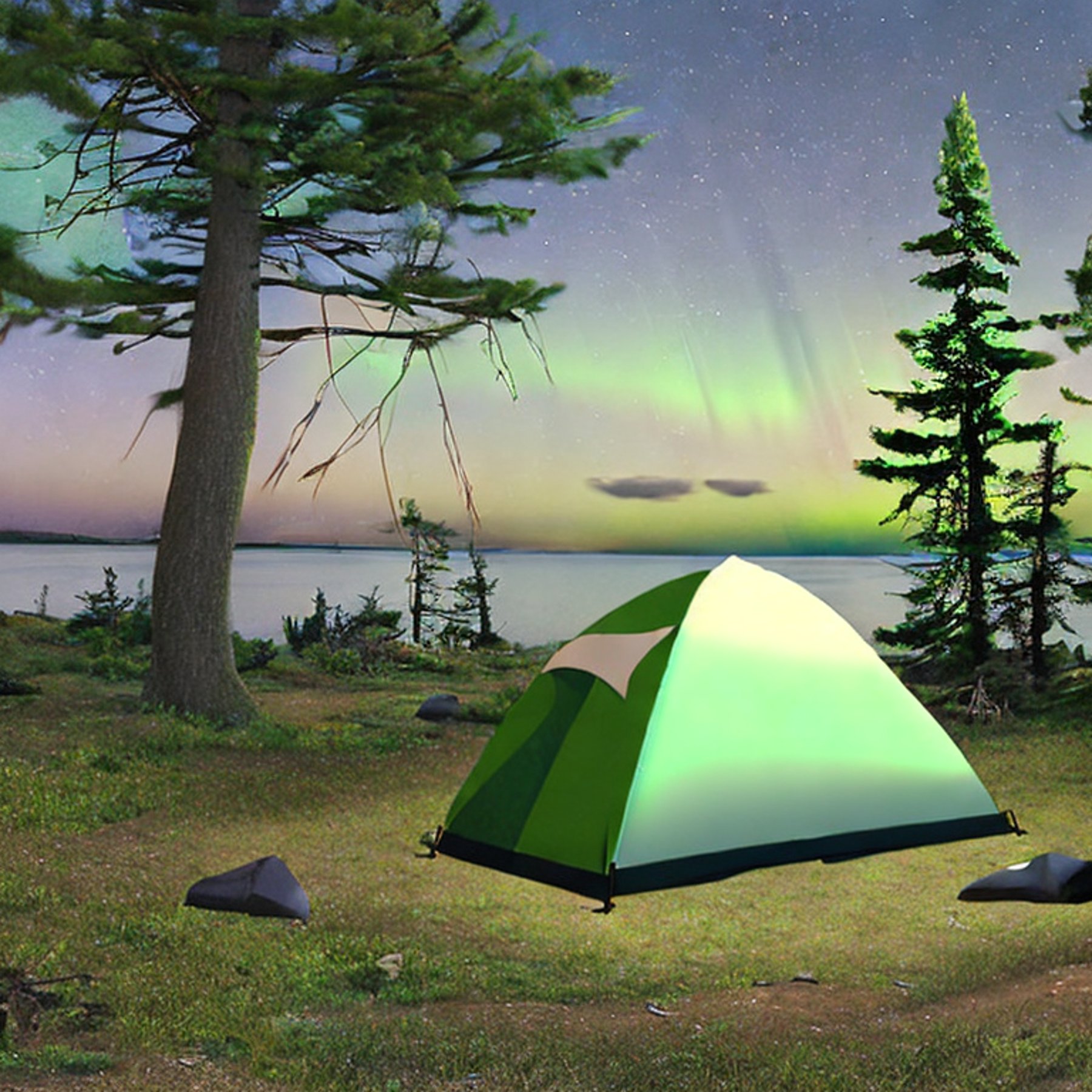 A green tent rests beside a warm campfire near a quiet lake. Ferns and boulders dot the rocky ground, while bright northern lights ripple across the night sky. Nearby surfers add a playful touch to the peaceful campsite.