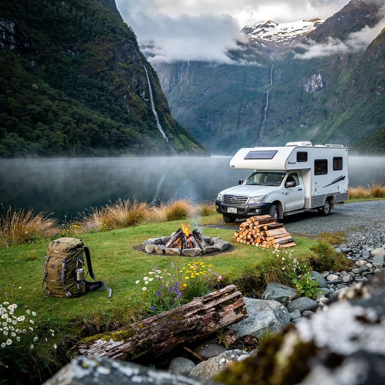 A cozy campsite sits in a small grassy meadow beside a calm fjord, with steep green cliffs rising all around. A truck camper is parked on a gravel pad near a stone fire ring that still glows with warm embers. Wildflowers and tussock grass sway in the misty morning air, and a faraway waterfall whispers down the cliff.