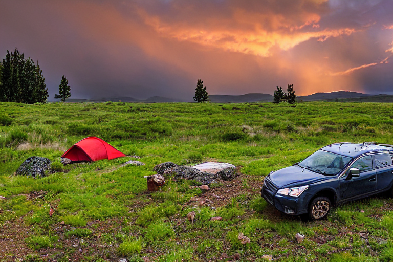 A red Subaru with its rooftop tent stands at a quiet campsite on the Idaho plains. A small stream winds through the stones, ferns, and dirt, while stormy sunrise light fills the air.