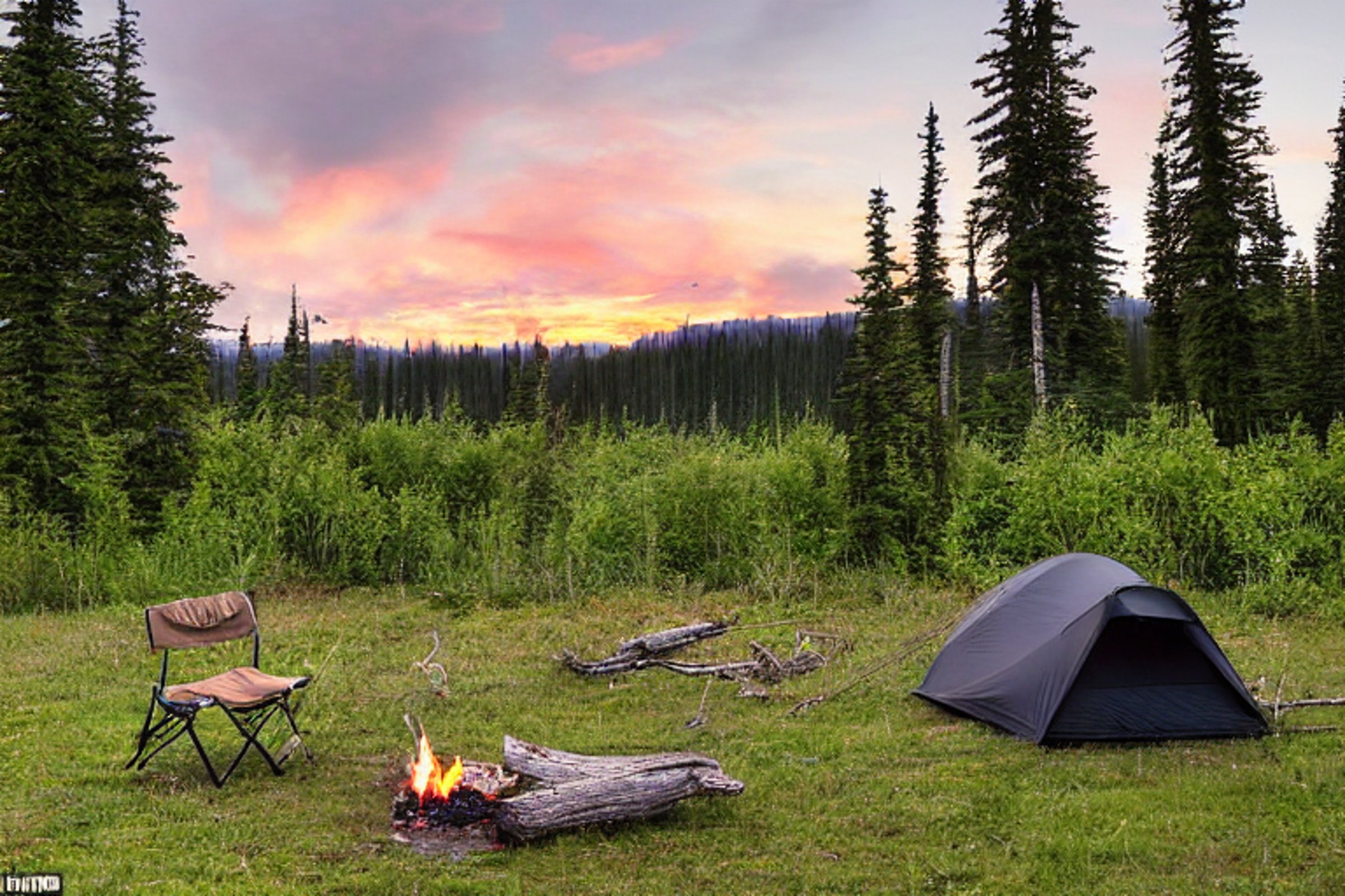 A black tent rests beside a warm campfire in the wild Alaskan forest. Thick bushes surround the dirt campsite, while a deer stands quietly in the distance under cloudy sunset skies. A white cooler and backpack sit nearby.