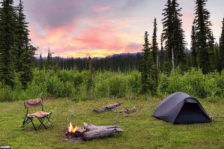 A black tent rests beside a warm campfire in the wild Alaskan forest. Thick bushes surround the dirt campsite, while a deer stands quietly in the distance under cloudy sunset skies. A white cooler and backpack sit nearby.