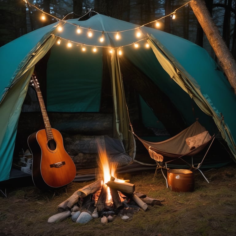 A teal tent rests in a misty Upstate New York forest beneath a bright full moon. A warm campfire glows beside a wooden guitar, a mug on a log, and a small lantern. From the hammock, you can look up through the trees and spot a bird’s nest in the moonlit sky.