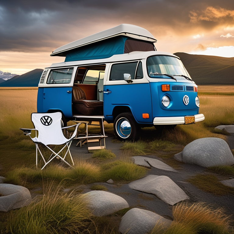 A blue campervan rests in a quiet Alaskan wilderness campsite surrounded by tall, overgrown grass. Camping chairs, a wooden guitar, and patches of stone sit around the dirt clearing as golden light shines beneath stormy skies.