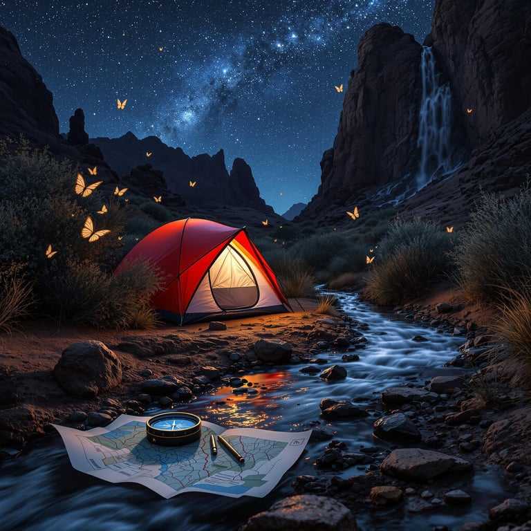 Nestled between towering mountains, this cozy red tent glows warmly by a gentle stream under a sky full of stars. A waterfall cascades nearby, adding a soothing sound to the night as butterflies dance in the cool air. It's a magical place where adventure and nature's beauty come together.
