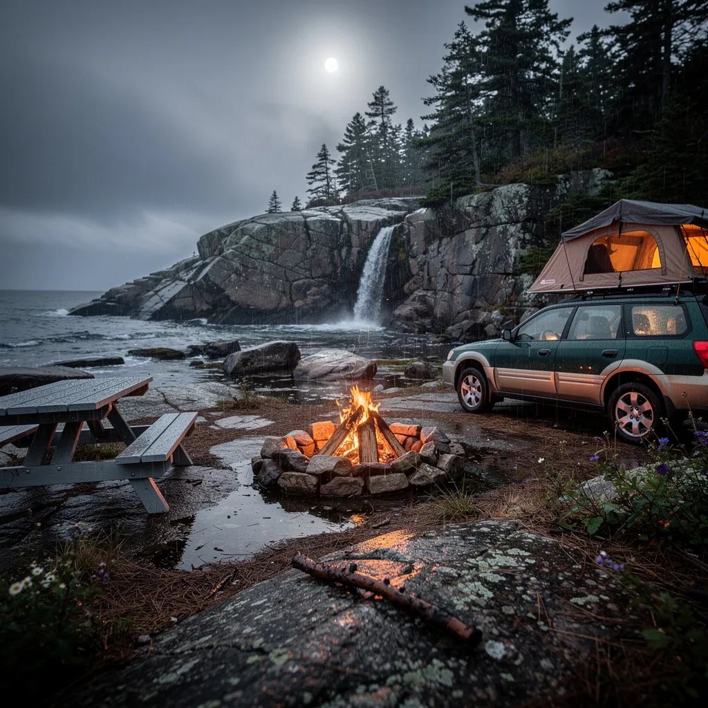 A cold, rocky Maine shoreline stretches beside a dark pine forest, with a small waterfall slipping into shiny tide pools. A green-and-tan Subaru sits by camp with a rooftop tent glowing warm in the misty rain. A little campfire and a weathered picnic table make the wet night feel cozy and brave.