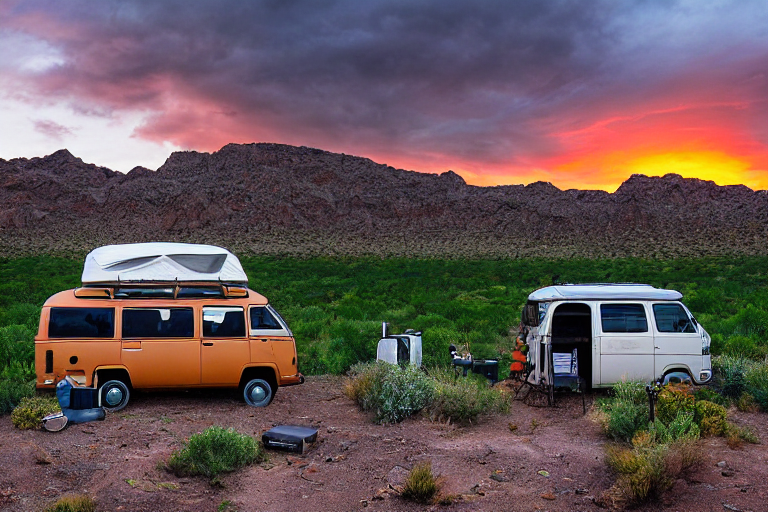 Two tan campervans rest on rocky ground in the New Mexico desert as rain clouds glow at sunset. A winding hiking path, camping gear, and small ferns add life to the quiet campsite, while birds fly across the sky.