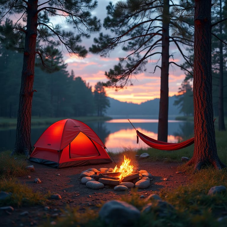 A red tent rests in a quiet grove beside a calm lake at twilight. A hammock hangs between the trees, while a stone-ringed campfire warms the center of the campsite. The lake reflects the peaceful evening light.