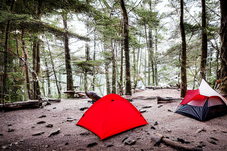 A red and white tent rests on a rocky dirt patch in snowy Miyajima. A small lantern sits nearby as soft sunrise light brightens the quiet camp.