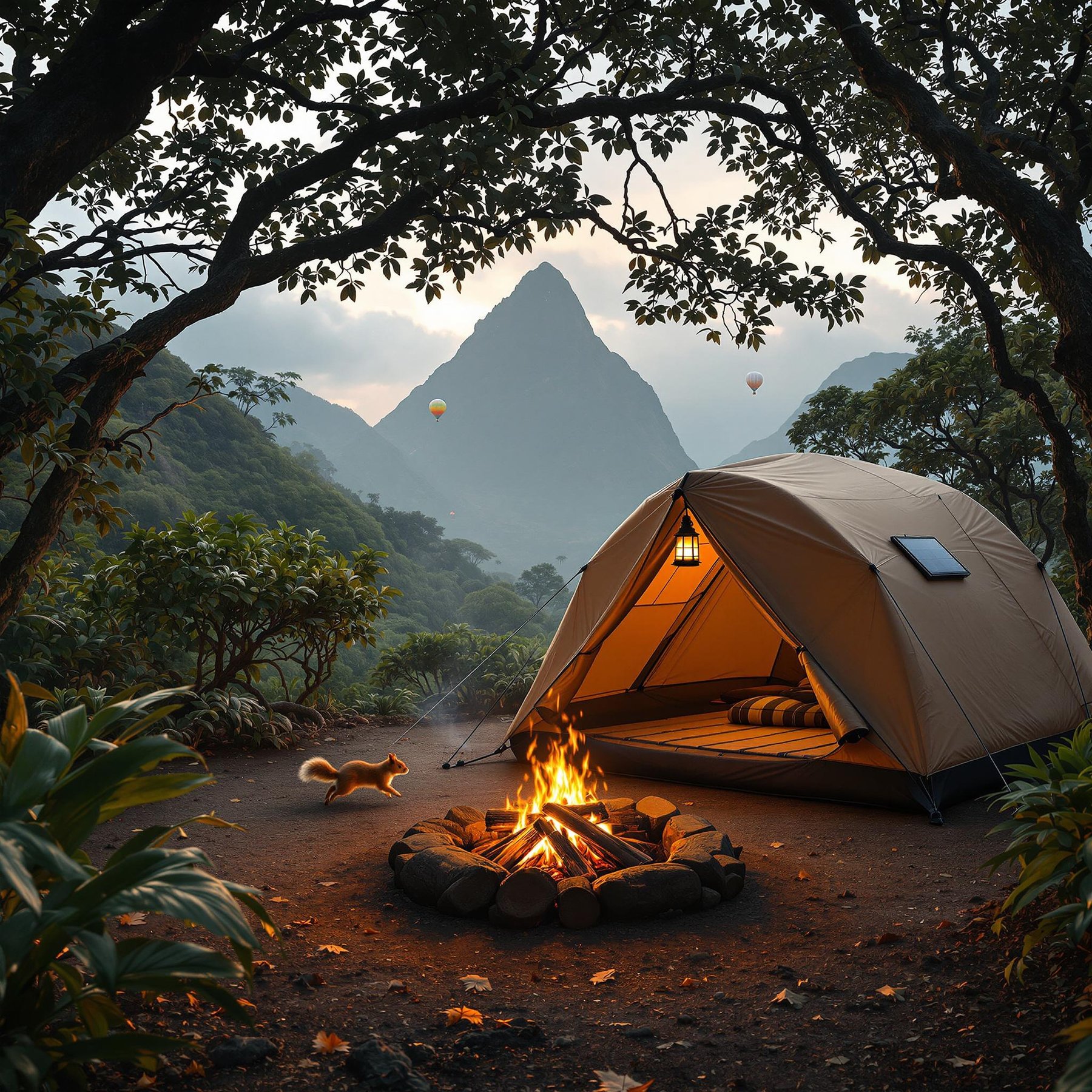 A cozy tent glows by a warm campfire under leafy trees, with gentle mountains in the distance. Balloons float in the sky, and a squirrel scurries by. This campsite feels peaceful and full of adventure.