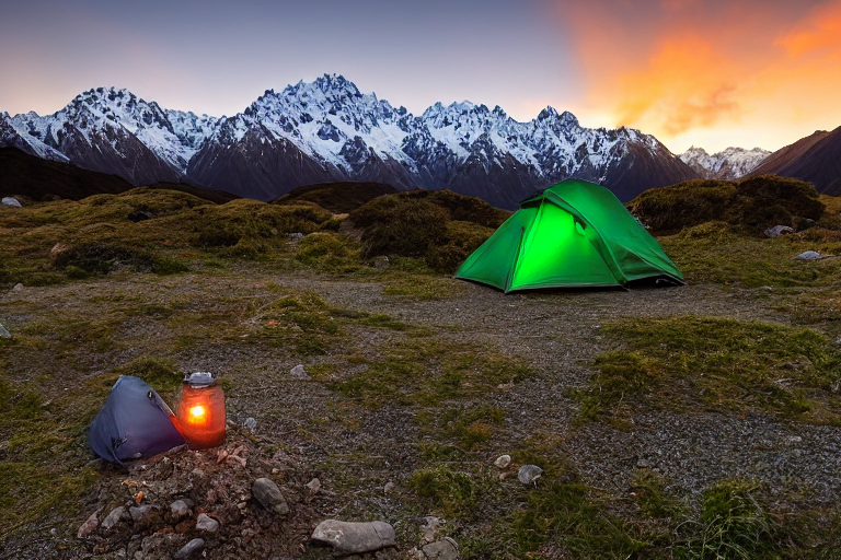 A green tent rests on a quiet dirt campsite in Mount Cook National Park. Warm sunset light shines over the stones, clothesline, and glowing camping lantern. Clear skies and tall mountains create a peaceful outdoor retreat.