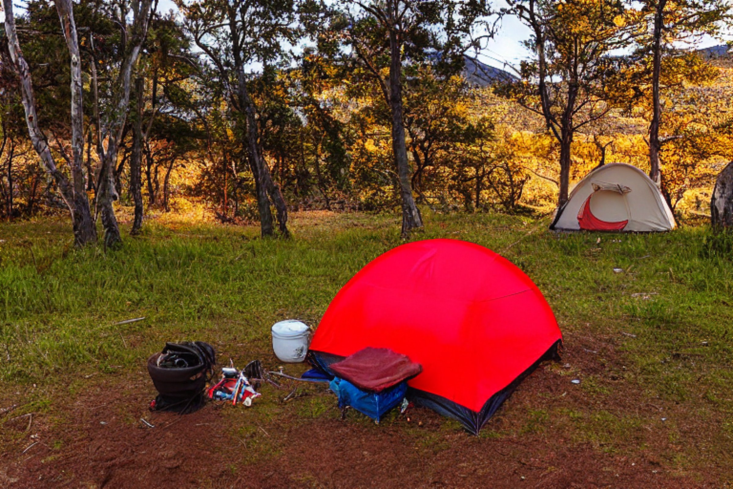 A red and white tent sits beside a glowing campfire on a rainy Hawaiian evening. Rolling hills and colorful trees surround the dirt campsite, while camping gear and small twigs rest on the ground.