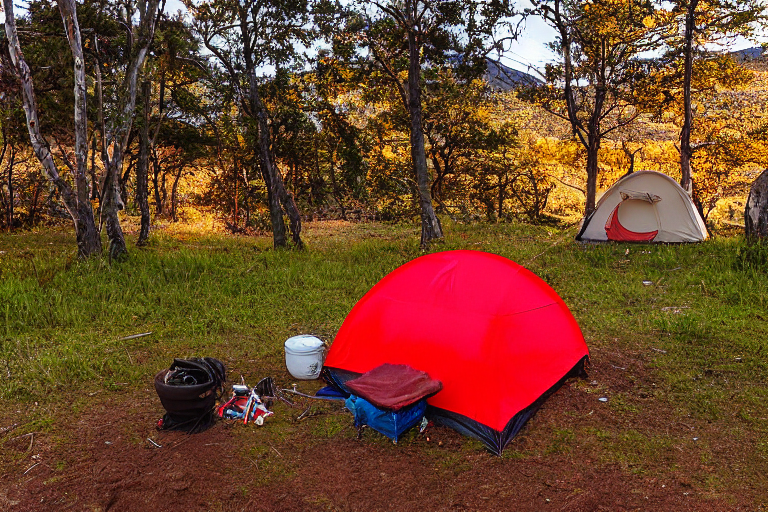A red and white tent sits beside a glowing campfire on a rainy Hawaiian evening. Rolling hills and colorful trees surround the dirt campsite, while camping gear and small twigs rest on the ground.