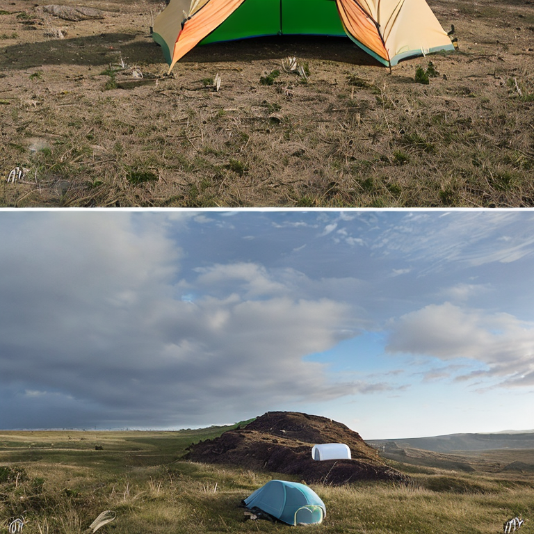 A green and tan tent rests on a quiet dirt patch surrounded by tall grass. A wooden guitar lies nearby, with a large rock and rolling hills in the background. Light snow gives this Hawaiian campsite a peaceful, dreamlike feel.