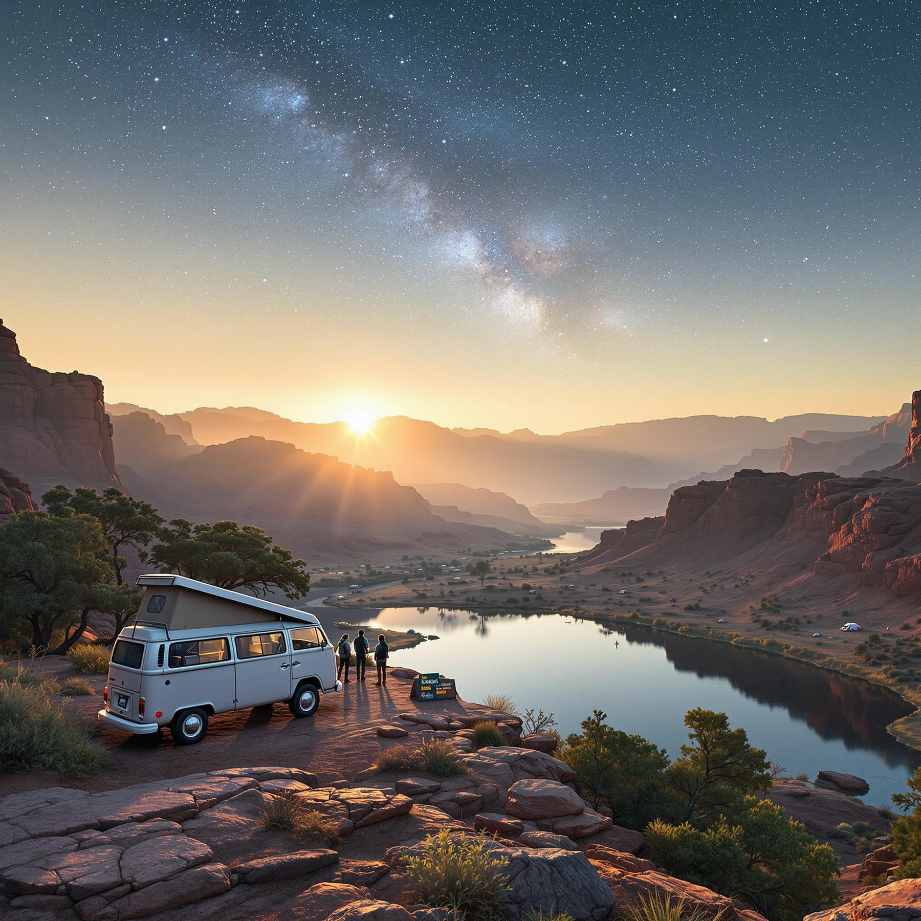 A white campervan rests among tall trees near the red cliffs of Red Rock Canyon. Hikers follow a trail as the sun sets over the rolling hills, while a calm lake reflects the first stars. A trail marker adds a welcoming touch to this peaceful campsite.