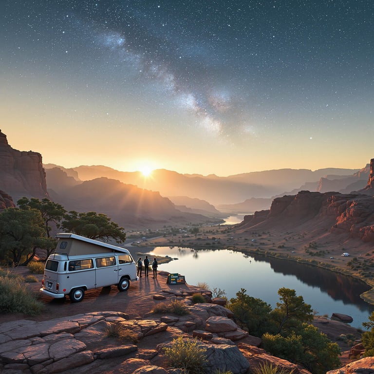A white campervan rests among tall trees near the red cliffs of Red Rock Canyon. Hikers follow a trail as the sun sets over the rolling hills, while a calm lake reflects the first stars. A trail marker adds a welcoming touch to this peaceful campsite.