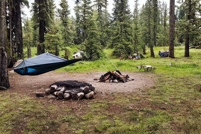 A cozy campsite rests among the trees on Vancouver Island. A tent, campfire, and logs sit on a patch of dirt, with a hammock hanging nearby. Cloudy skies and a large rock give the peaceful scene a wild, natural feel.