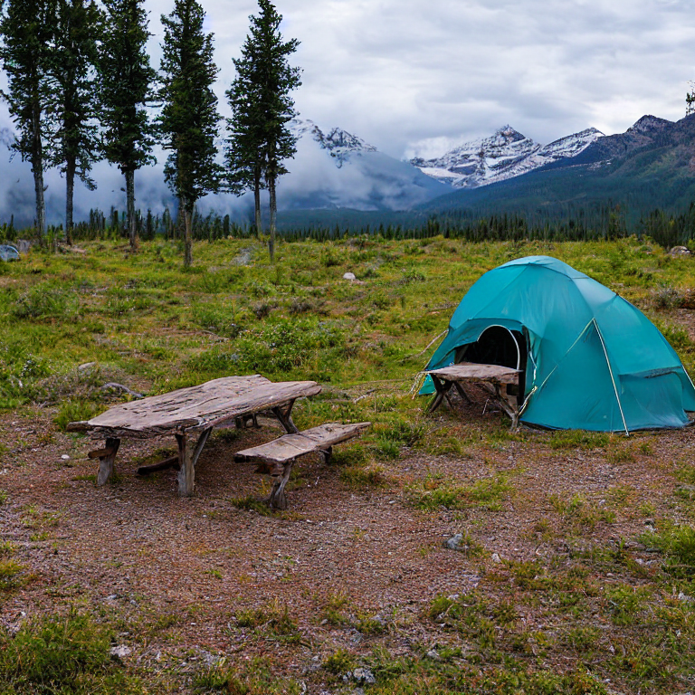 A teal tent rests on a paved campsite beneath the cloudy Montana night sky. Berry-covered bushes, large stone slabs, and a picnic table surround a patch of dirt, while dark mountains rise in the background.