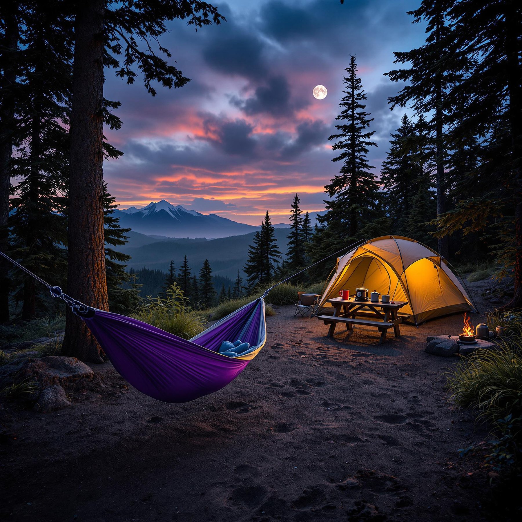 A purple hammock rests among the tall trees of Olympic National Park. A camping chair and stove sit nearby, while animal tracks mark the dirt. Above, a full moon shines through the stormy sunset clouds.