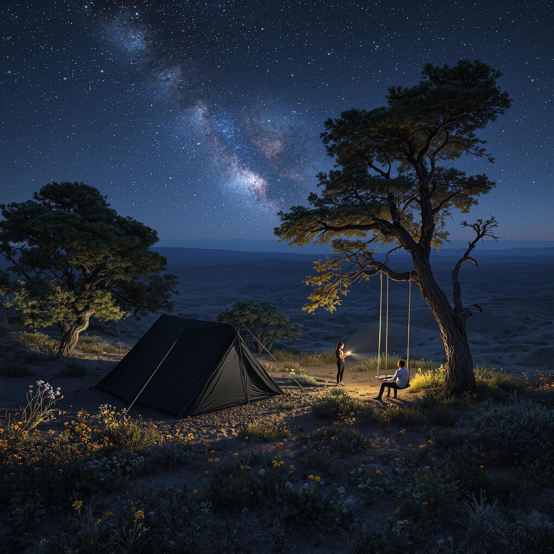 Under a sky full of sparkling stars, a cozy tent sits beside a big tree with a swing. Two friends enjoy the peaceful night, surrounded by wildflowers and gentle hills. The Milky Way shines brightly above, making the campsite feel like a magical adventure.