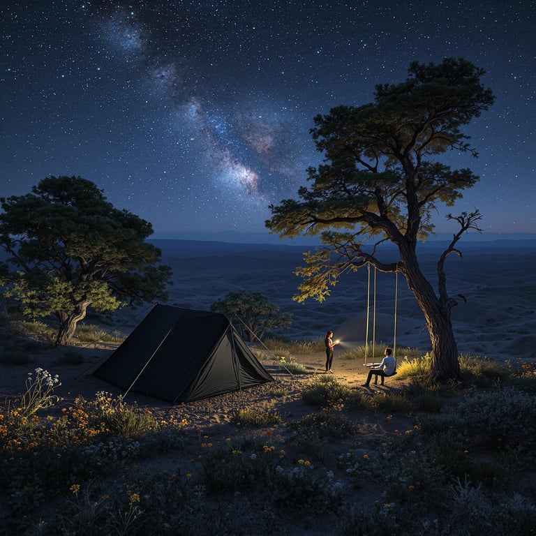 Under a sky full of sparkling stars, a cozy tent sits beside a big tree with a swing. Two friends enjoy the peaceful night, surrounded by wildflowers and gentle hills. The Milky Way shines brightly above, making the campsite feel like a magical adventure.