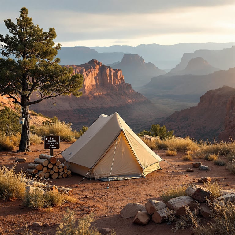 A beige tent rests in a quiet canyon beneath soft, golden fog. A small campfire, stacked firewood, and a trail marker make the campsite feel cozy and ready for adventure. Mountains rise in the distance, while a bear-proof food container hangs from a nearby tree.