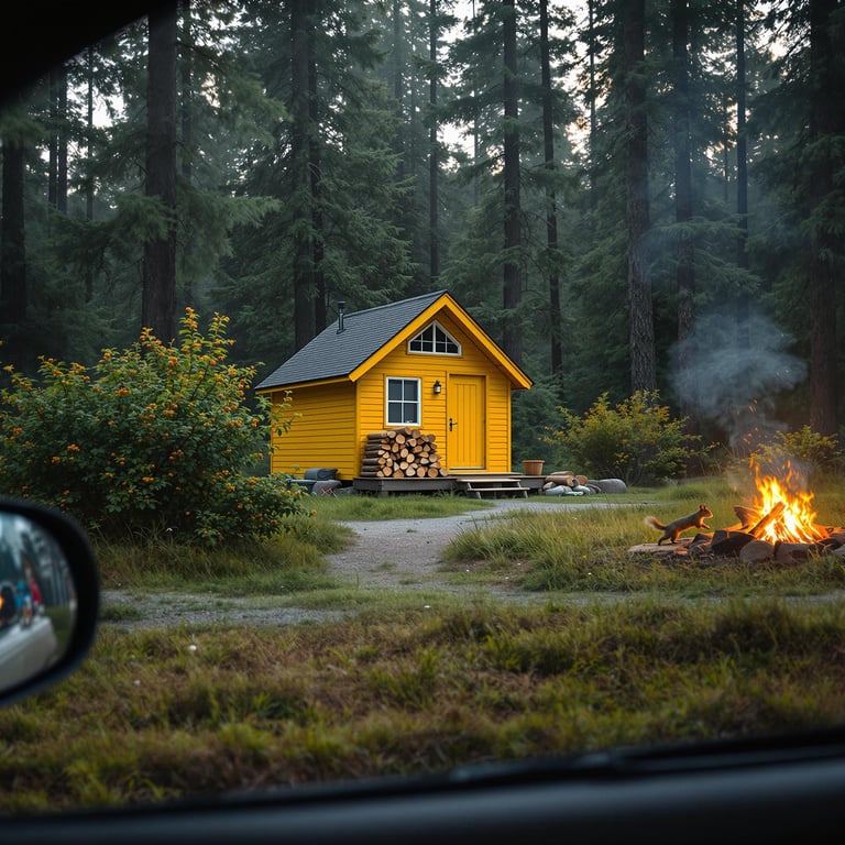 A bright yellow cabin sits among tall, quiet trees in the early morning. Overgrown grass, berry bushes, and a stack of firewood surround the campfire. A little squirrel darts across the dusty campsite.