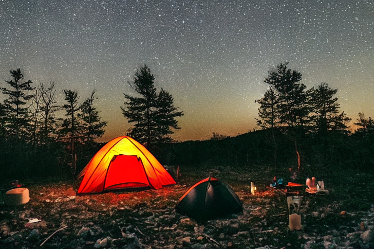 A red and white tent glows beside a warm campfire on a snowy night in Upstate New York. Stars shine above the quiet forest, while a lantern lights the dirt campsite and birds cross the sky.