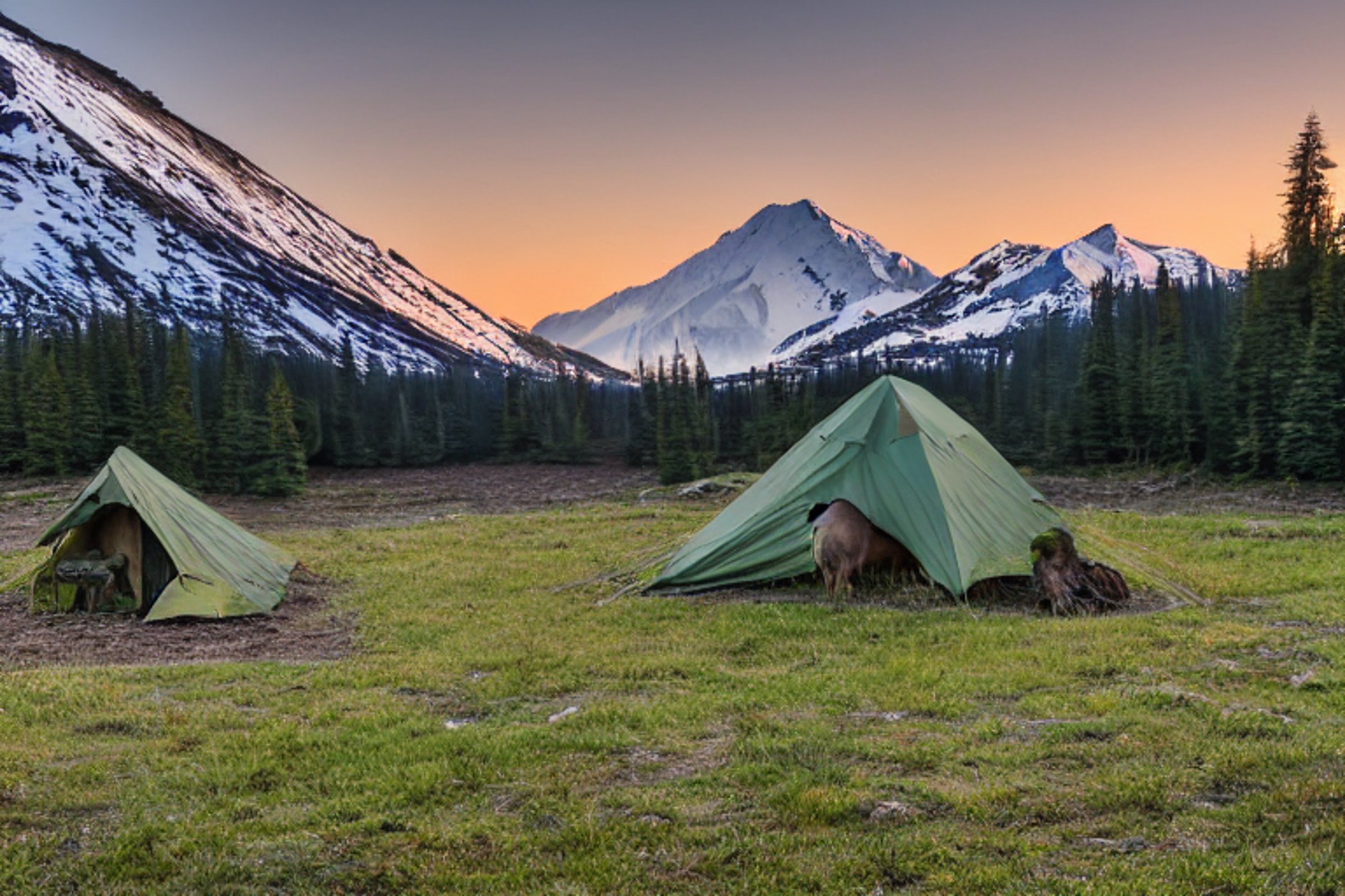 A green camo tent rests on a quiet dirt campsite in the Alaskan wilderness. Fog drifts through the trees as the sunset colors the sky, with a deer and pale moon in the distance. Large stone slabs sit nearby, adding a rugged touch to the peaceful camp.