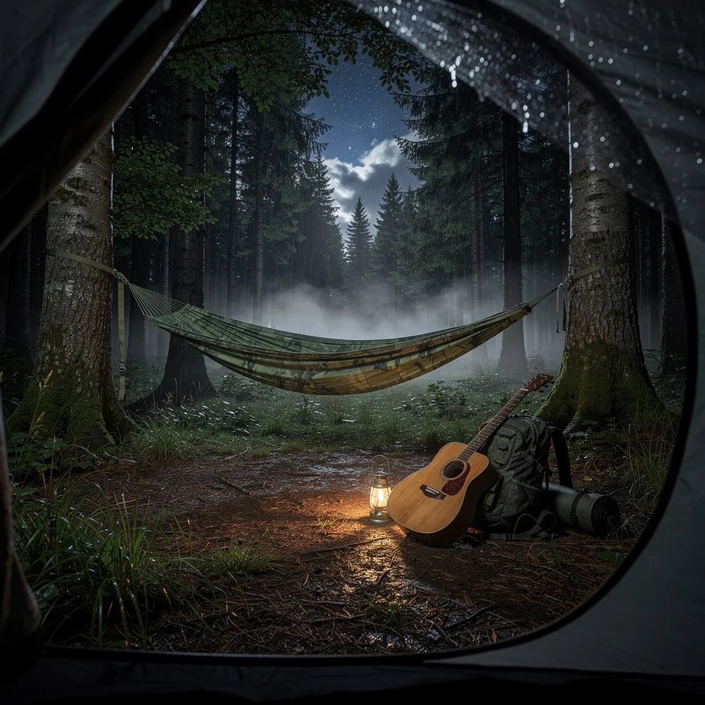 A quiet forest campsite glows under the moon and stars, with mist drifting over the wet ground. A green hammock hangs between tall trees, and a small lantern shines warm light nearby. Raindrops bead on the tent window as a wooden guitar rests in the grass, ready for a soft song.