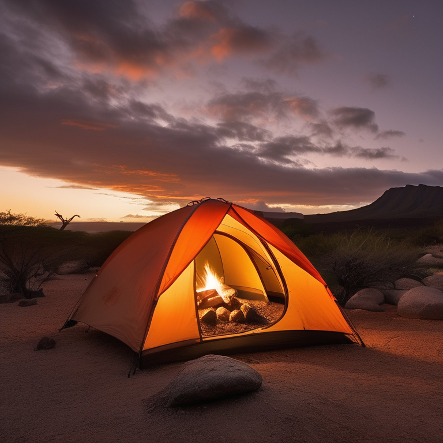 An orange tent rests on a dirt clearing in Hawaii as the sun sets. A warm campfire glows among the stones, with boulders and a backpack nearby. The clear sky and quiet landscape create a peaceful outdoor escape.
