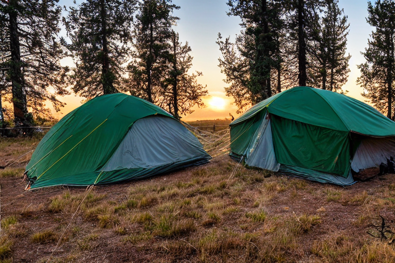 A green tent rests on a quiet dirt campsite in Idaho’s open plains. Tall grass, snowy air, and gravel patches surround a warm campfire with logs. Clothes sway gently on a nearby line as the sun sets.