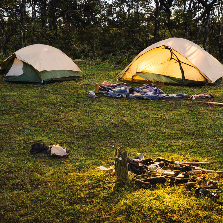 A green tent rests on a rough, grassy campsite in a Hawaiian forest. A warm campfire glows beside it, while clothes hang from a nearby line. Stormy clouds fill the sky, adding a wild feeling to the golden-hour scene.