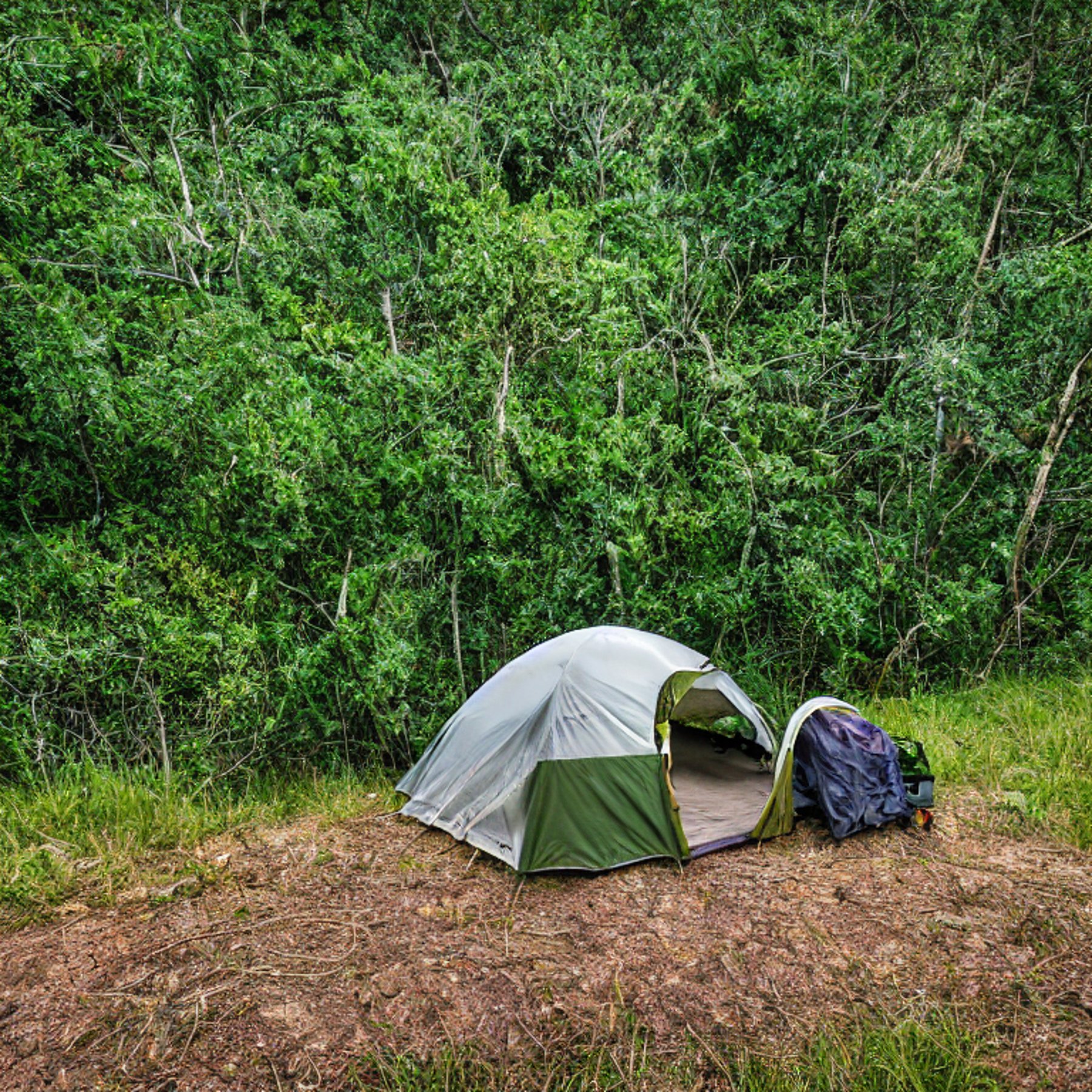 A green tent rests on a paved campsite beneath a sky full of stars. Tall grass, rocky ground, and rolling hills surround the camp, while a wooden guitar lies nearby.