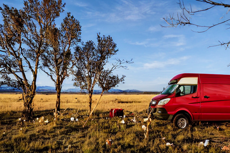 A red-and-white camper van rests on a sunny paved campsite in the Idaho plains. Mossy trees, berry bushes, and scattered twigs surround the spot, while deer wander in the distance. A small lantern sits on the ground beside the dirt patch.