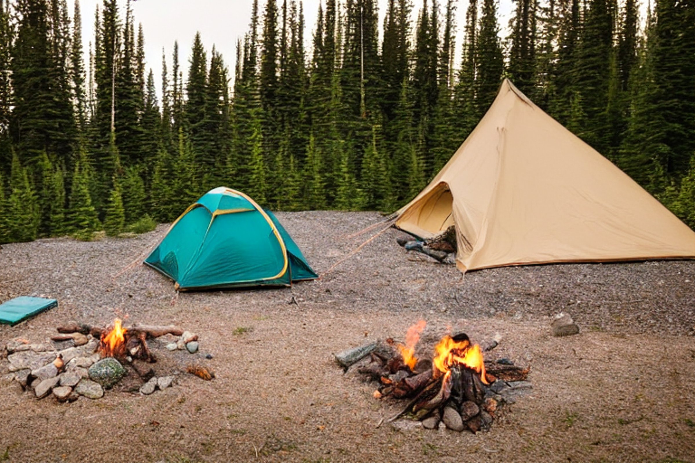 A teal tent rests in a cozy campsite surrounded by tall bushes and rocky ground. Nearby, a stone-ringed campfire glows beside a dirt patch under the soft light of a rainy golden hour.