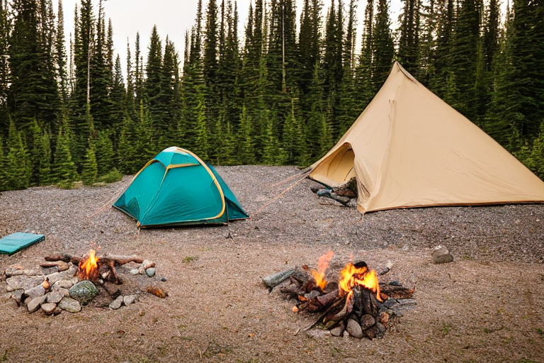 A teal tent rests in a cozy campsite surrounded by tall bushes and rocky ground. Nearby, a stone-ringed campfire glows beside a dirt patch under the soft light of a rainy golden hour.