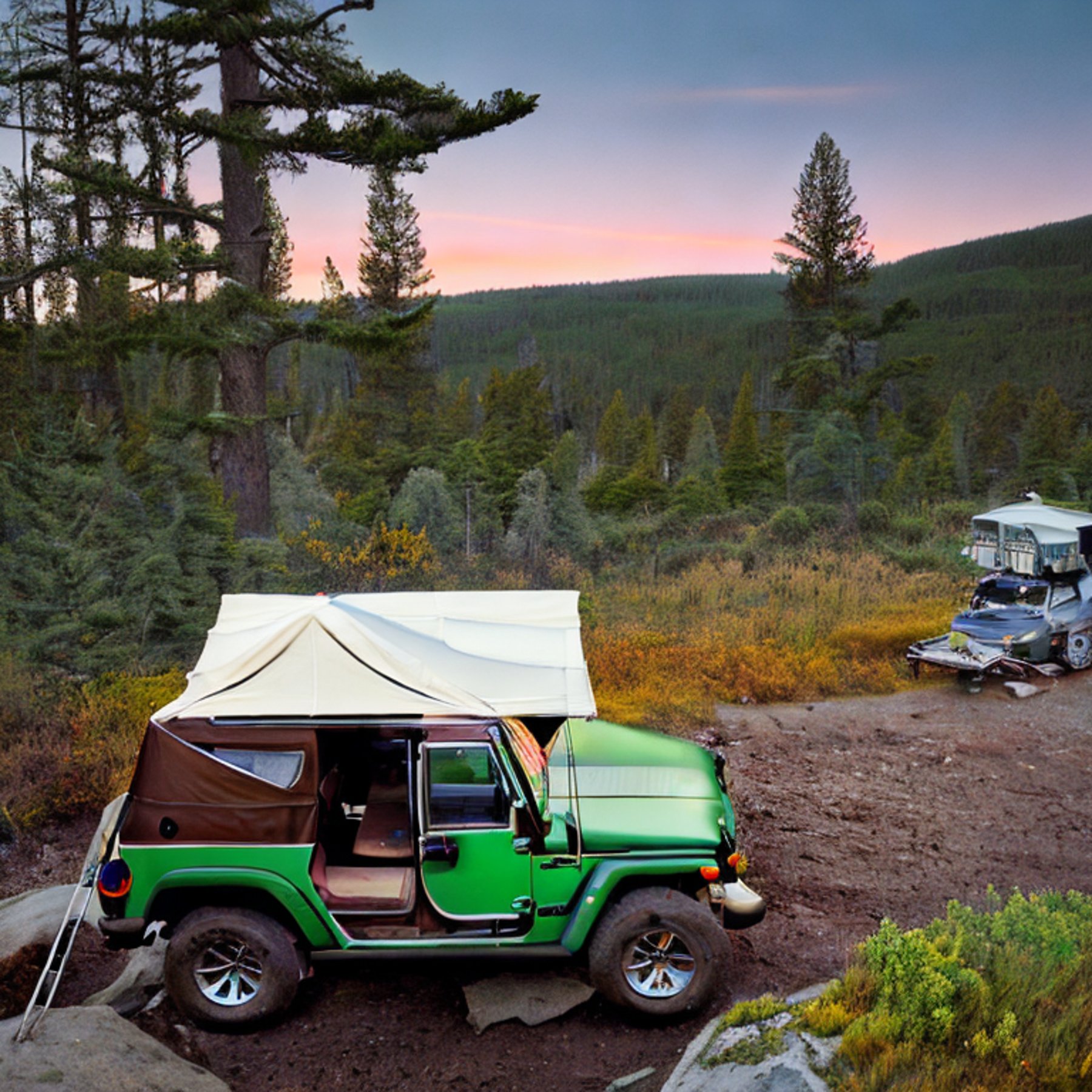 A green Jeep with a rooftop tent rests beside a quiet stream in Yellowstone. Fall-colored trees, wildflowers, and large stone slabs surround the dirt campsite as soft fog glows in the sunrise.