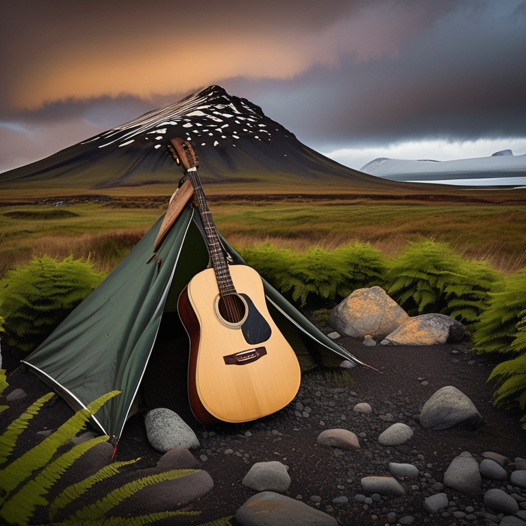 A cozy tent rests at a paved campsite in Iceland as dusk settles under cloudy skies. Ferns, tall grass, and patches of stone gravel surround a dirt clearing, while a wooden guitar lies nearby.