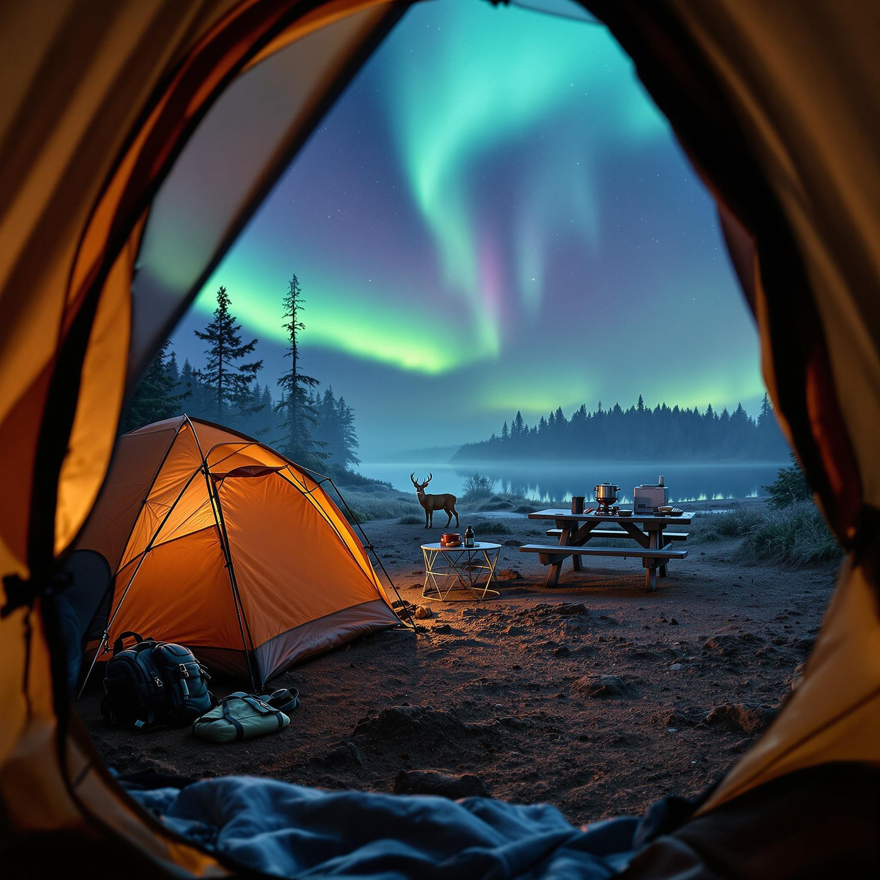 A glowing tent sits by a quiet lake under the magic of the northern lights. Tall trees stand in the mist, while a deer visits the peaceful campsite. The night feels calm and full of wonder.