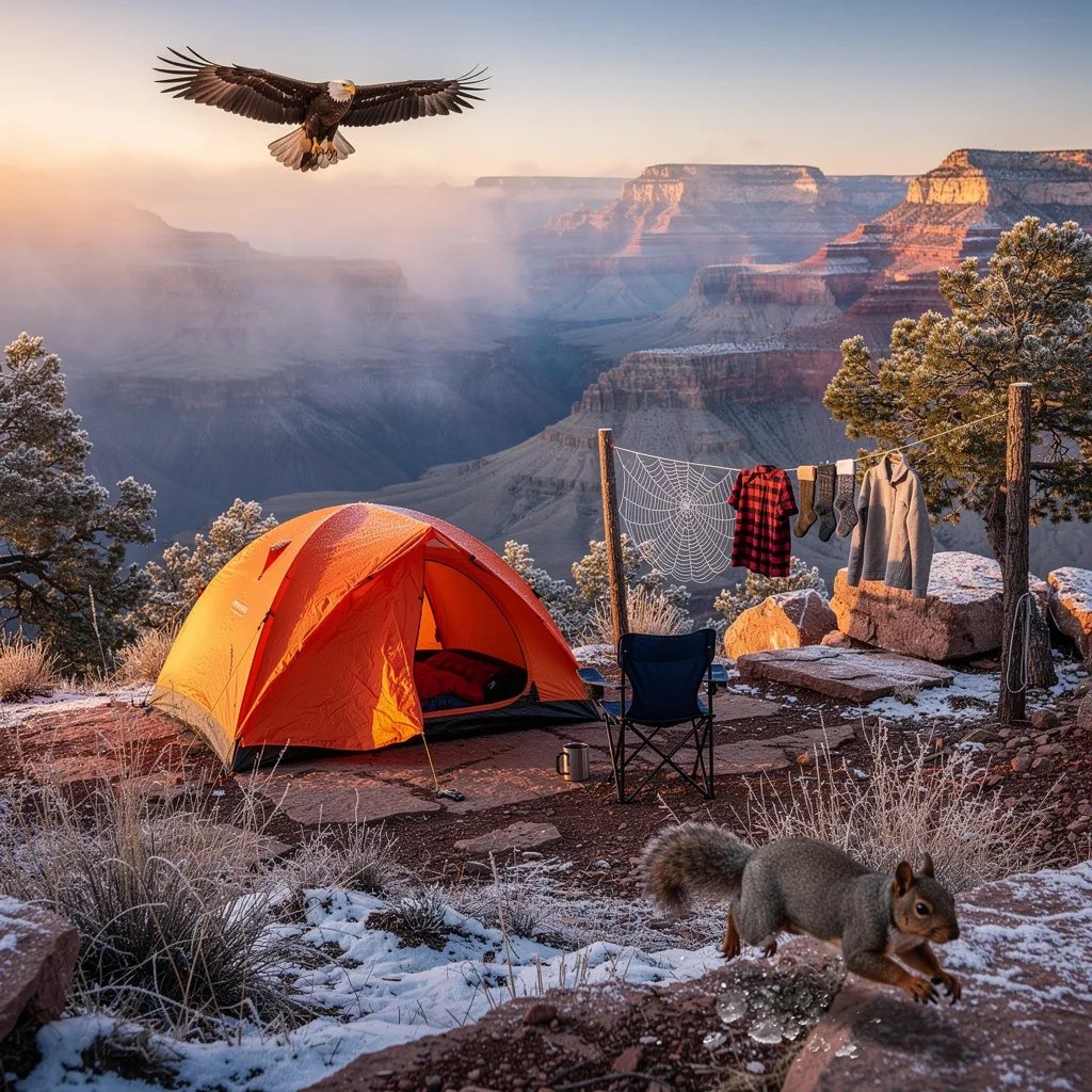 A bright orange tent sits on the frosty rim of the Grand Canyon as soft mist slips through the small trees. A clothesline with a few shirts flutters in the cold sunrise light. A squirrel dashes past a tiny dewy spider web, and a golden eagle glides far above the wide canyon.