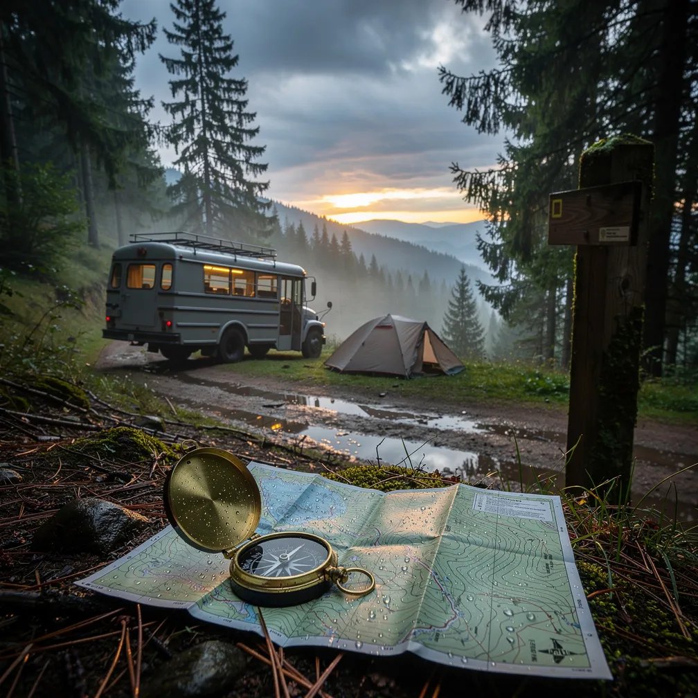 Mist drifts through tall spruce trees on a rainy hillside, and the dirt trail is shiny with puddles. A slate-gray bus camper and a small tent sit close together, with a warm light glowing inside the bus. In the wet grass, a map and compass lie open beside a wooden trail marker, ready for the next hike.
