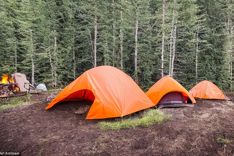 Two bright orange tents sit on a quiet dirt campsite surrounded by rolling hills and large boulders. A campfire rests at the center, with logs and camping chairs nearby under a clear blue sky.