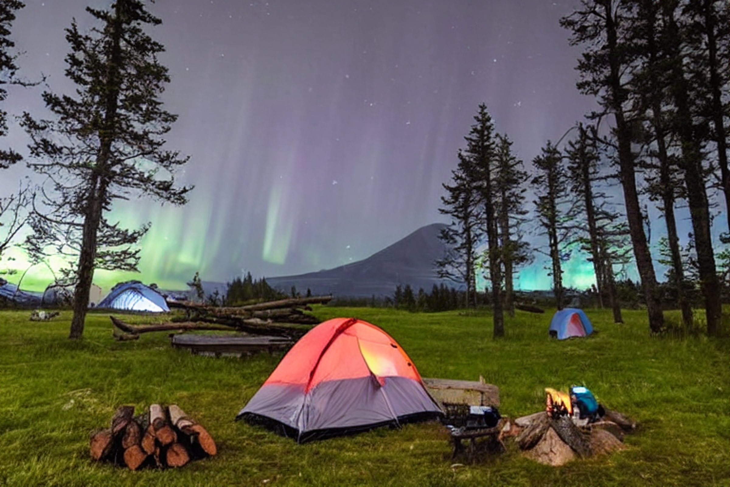 A cozy white tent sits by a beach campfire under a cloudy sky glowing with colorful northern lights. Camping chairs, logs, and a wooden guitar rest on the dirt nearby, with rolling hills and the ocean beyond.