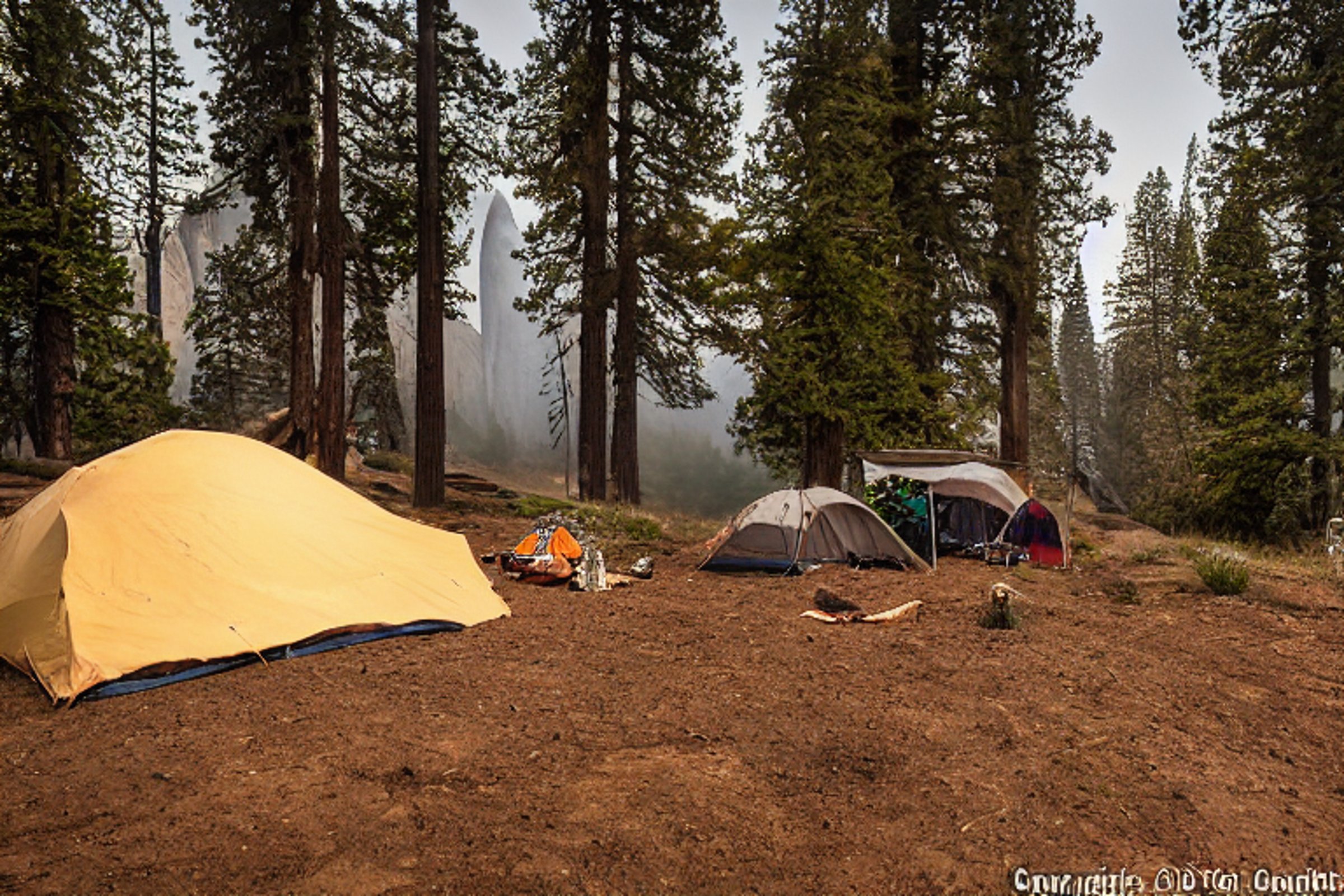 A tan tent rests on a dirt clearing in Yosemite as soft sunrise light shines through the fog. Clothes hang on a nearby line, while wildflowers and a backpack add a cozy touch to the campsite.